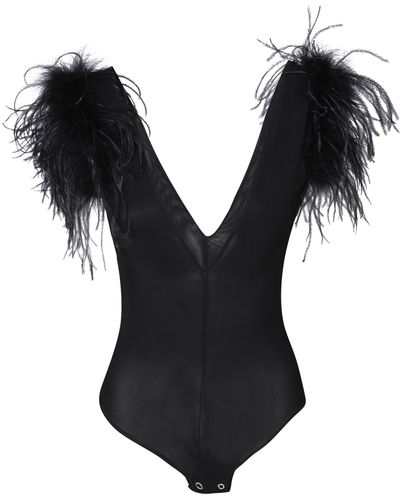 Pinko Buttafuoco Feather-Trimmed Bodysuit - Black