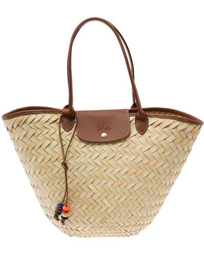 Longchamp 'xl Le Panier' Beige Tote Bag With Beads Strap In Straw Woman - Natural