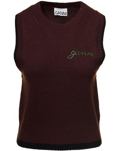 Ganni Brown Vest With Contrasting Embroidered Logo In Wool And Cashmere - Purple