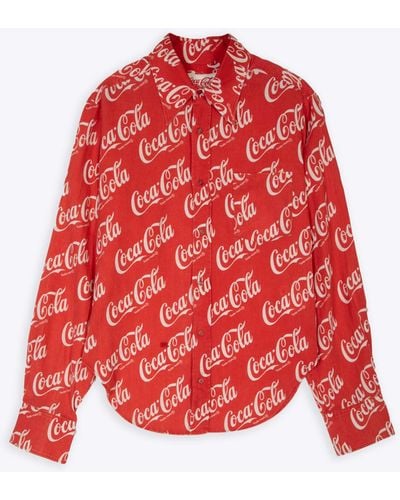ERL Printed Button Up Shirt Woven Linen Blend Coca Cola Shirt - Red