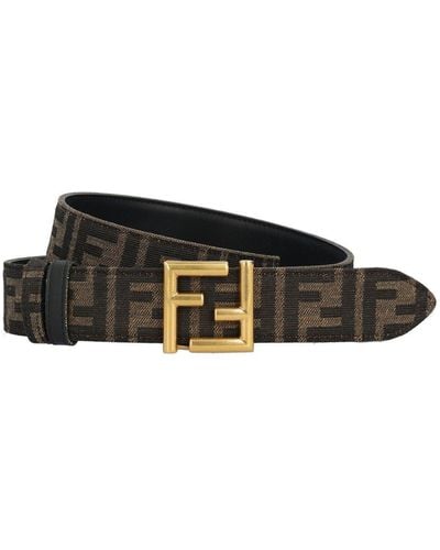 Fendi Leather And Ff Fabric Reversible Belt - Black
