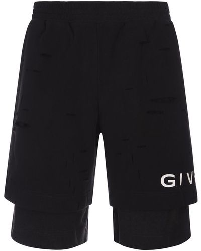 Givenchy Destroyed Track Bermuda Shorts With Logo - Black