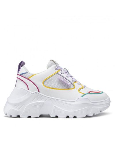 Versace Jeans Couture Leather Platform Sneakers With Coloured Lines - White