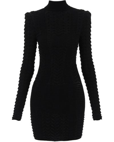Balmain Turtleneck Mini Dress In Texturized Knit - Black