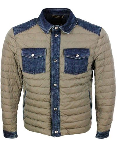 Moorer 100 Gram Light Down Jacket With Denim Inserts And Details. Internal And External Side Pockets And Button Closure - Blue