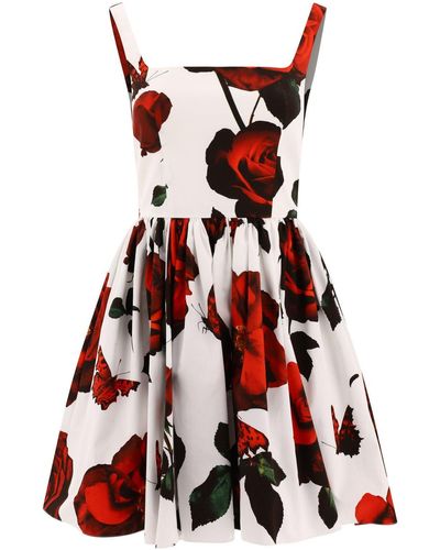 Alexander McQueen Tudor Rose Printed Pleated Dress - Red