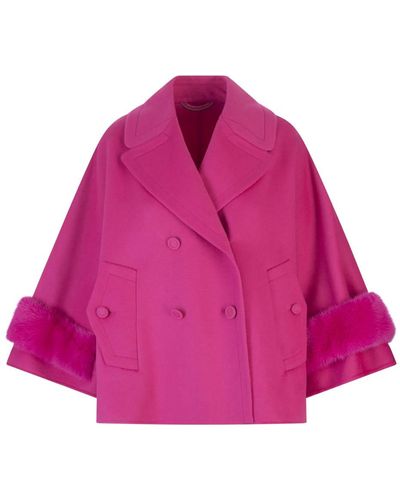 Ermanno Scervino Short Coat In Fuchsia Double Wool With Fur - Pink