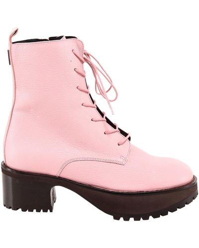 BY FAR Leather Stitched Profile Lace-up Boots - Pink