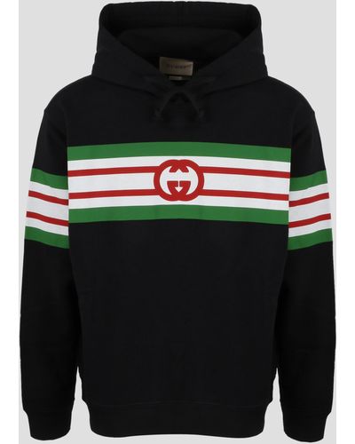 Gucci Striped Print And gg Logo Hoodie - Black