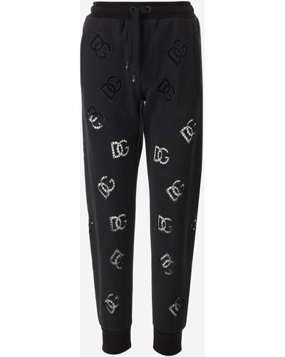 Dolce & Gabbana Cotton Blend Jersey Trousers With Cut Out Embroidery Dg - Black