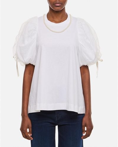 Simone Rocha Beaded Tulle Overlay Puff Sleeve T-Shirt W/ Bow - White