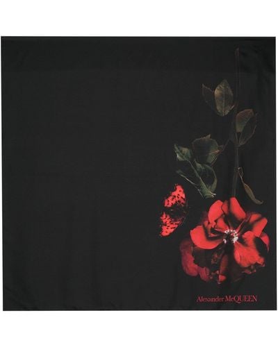 Alexander McQueen Silk Scarf With Rose Print - Black