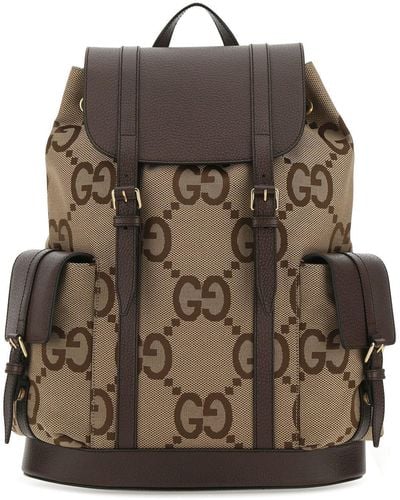 Gucci Jumbo Gg Fabric And Leather Backpack - Brown