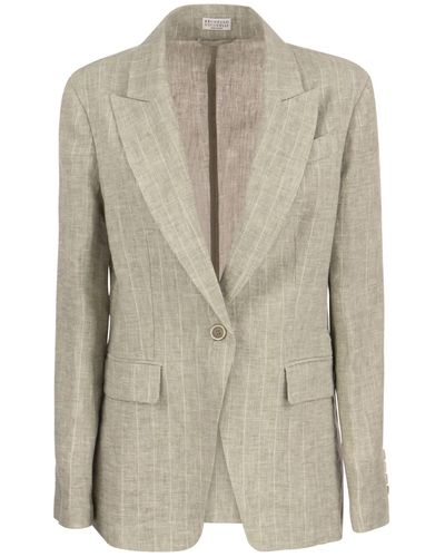 Brunello Cucinelli Lightweight Pinstripe Linen Jacket With Necklace - Natural