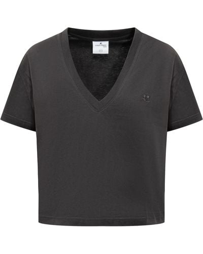 Courreges Courreges Cropped T-Shirt V-Neck - Black
