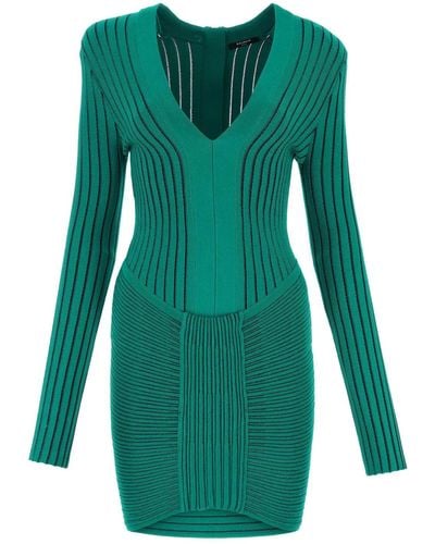 Balmain Ribbed V-neck Mini Dress - Green