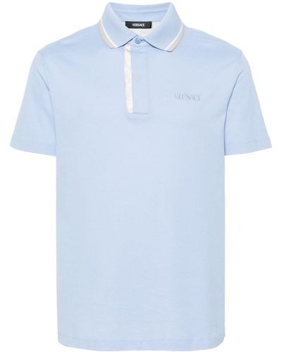 Versace Polo Piquet Fabric With Printed Silk Inserts And Embroidery Clothing - Blue