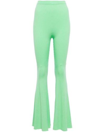 Self-Portrait Ribbed Knit Flared Trousers - Green