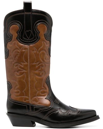 Ganni Embroidered Two-tone Leather Cowboy Boots - Brown