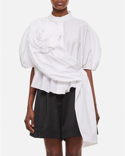 Simone Rocha Cropped Puff Sleeve Shirt W/ Rose Sash - White