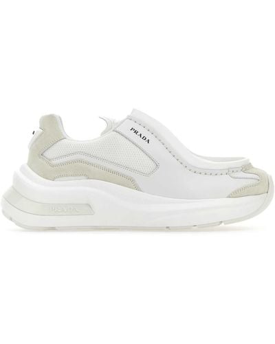 Prada Systeme Brushed Leather Trainers With Bike Fabric And Suede Elements - White