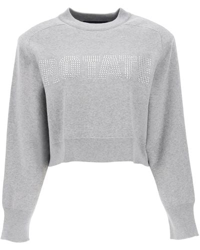 ROTATE BIRGER CHRISTENSEN Rotate Cropped Sweater With Rhinestone-studded Logo - Gray