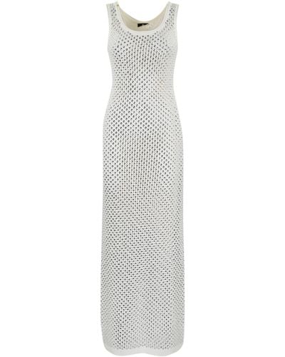 Elisabetta Franchi Net Stitch Cotton Dress With Rhinestones - White