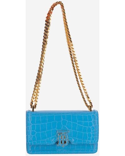 Burberry Mini Tb Embossed Leather Bag With Chain Strap - Blue