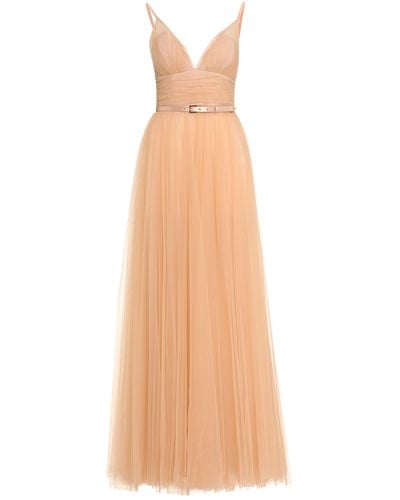 Elisabetta Franchi Red Carpet Pleated Tulle Dress - Natural
