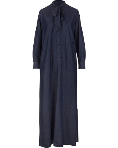 Jacob Cohen Long Dress In Navy Blue Chambray With Lavalliere Collar