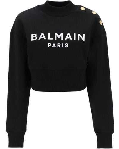 Balmain Cropped Sweatshirt With Logo Print And Buttons - Black