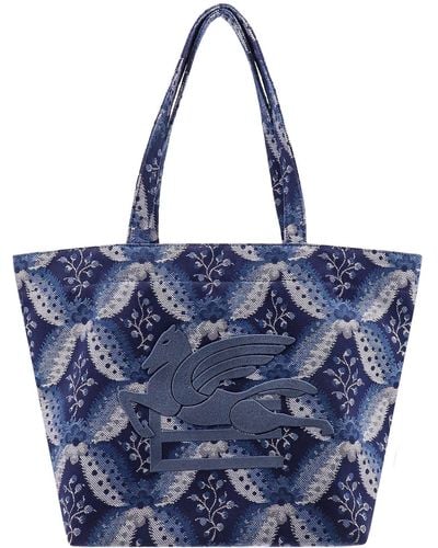 Etro Embroidered Canvas Medium Soft Trotter Shopping Bag - Blue