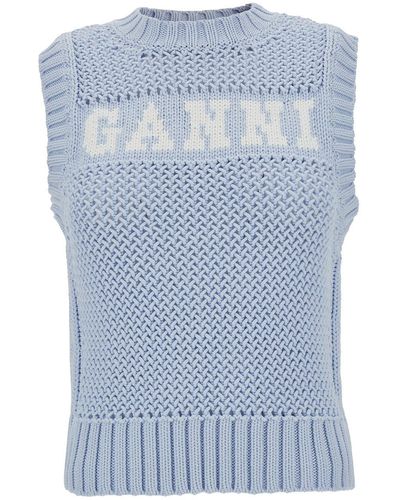 Ganni Light Knit Vest With Intarsia Logo - Blue