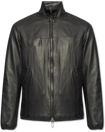 Emporio Armani Leather Jacket With Stand-Up Collar - Black