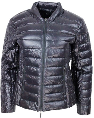 Armani Ultra Light Down Jacket In Real Goose Down With Concealed Hood And Zip Closure With Slim Fit - Blue