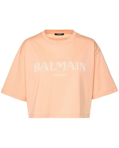 Balmain Orange Cotton Crop T-shirt - Natural
