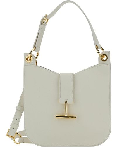 Tom Ford Tara White Handbag With T Signature Detail In Grainy Leather - Grey