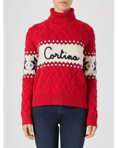 Mc2 Saint Barth Half-Turtleneck Sweater With Cortina Lettering - Red