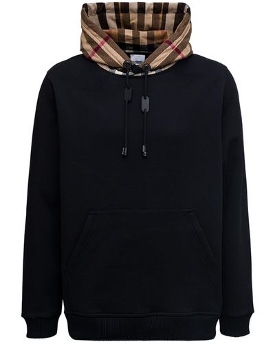Burberry Black Cotton Hoodie With Vintage Check Print - Blue
