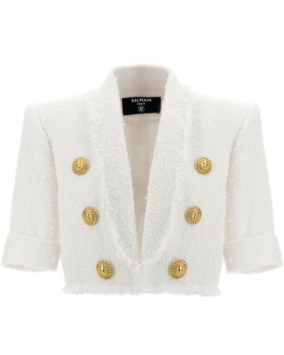 Balmain Tweed Crop Jacket - White