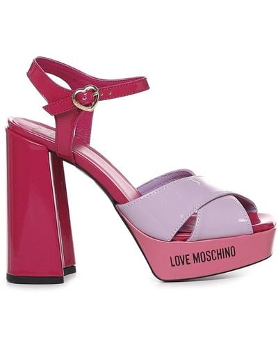 Love Moschino High Patent Leather Sandals With Logo - Pink