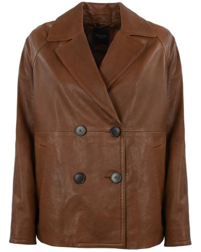 Weekend by Maxmara Oria Double-Breasted Leather Peacoat - Brown