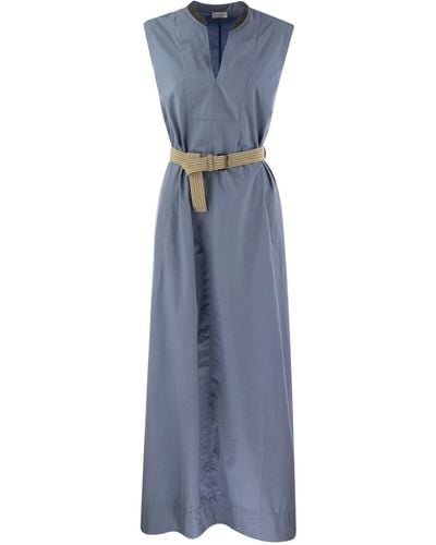 Brunello Cucinelli Wrinkled Light Cotton Poplin Dress With Raffia Belt And Precious Neckline - Blue