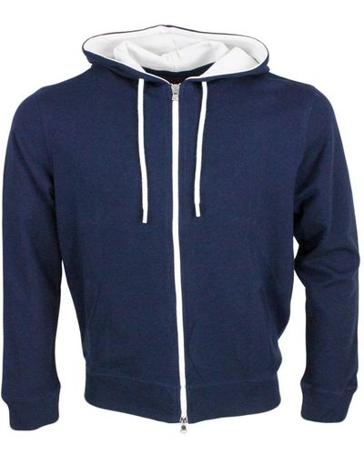 Barba Napoli Lightweight Stretch Cotton Sweatshirt With Hood With Contrasting Colour Interior And Zip Closure - Blue