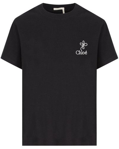 Chloé Logo Embroidered Crewneck T-Shirt - Black