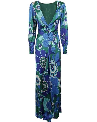 RIXO London V-Neck Miami Floral Printed Long Dress - Blue