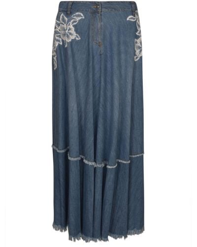 Ermanno Scervino Floral Embroidered Pleated Skirt - Blue