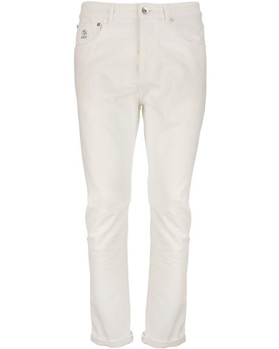Brunello Cucinelli Garment-dyed Traditional Fit Five-pocket Trousers In Slubbed Cotton Denim - White