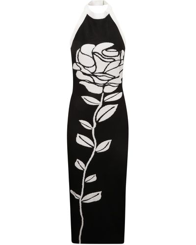 Balmain Rose Embroidered Halterneck Slim Dress - Black