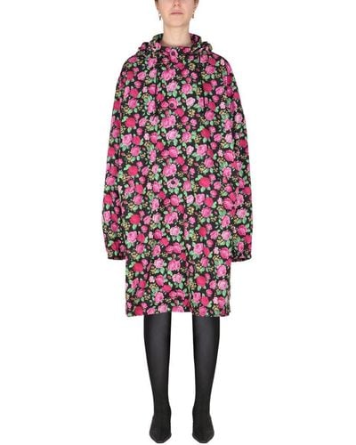 Balenciaga Floral Pattern Hooded Coat - Red